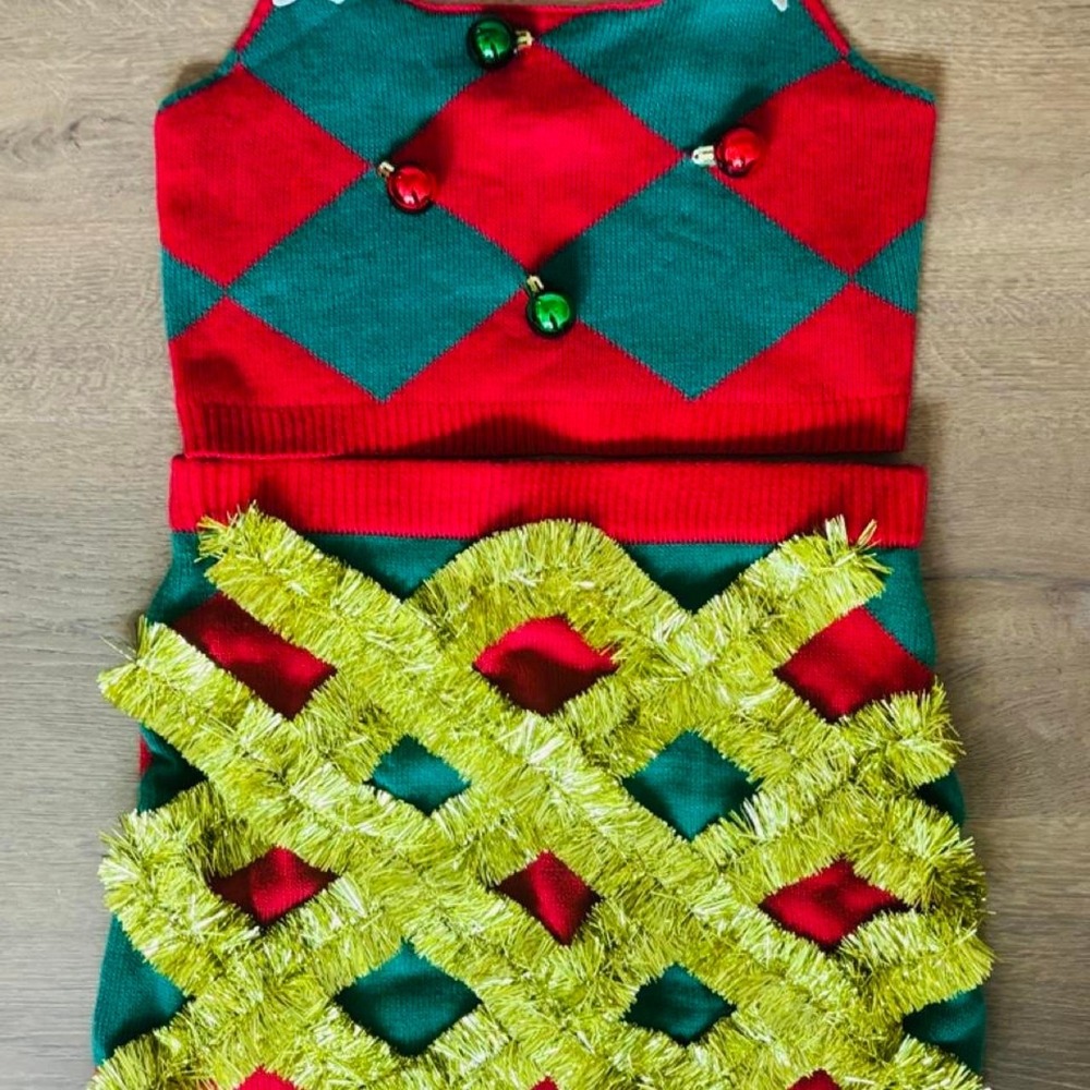 Love on a Hanger Christmas Two Piece Set Diamond Tinsel Bells Red Green Large